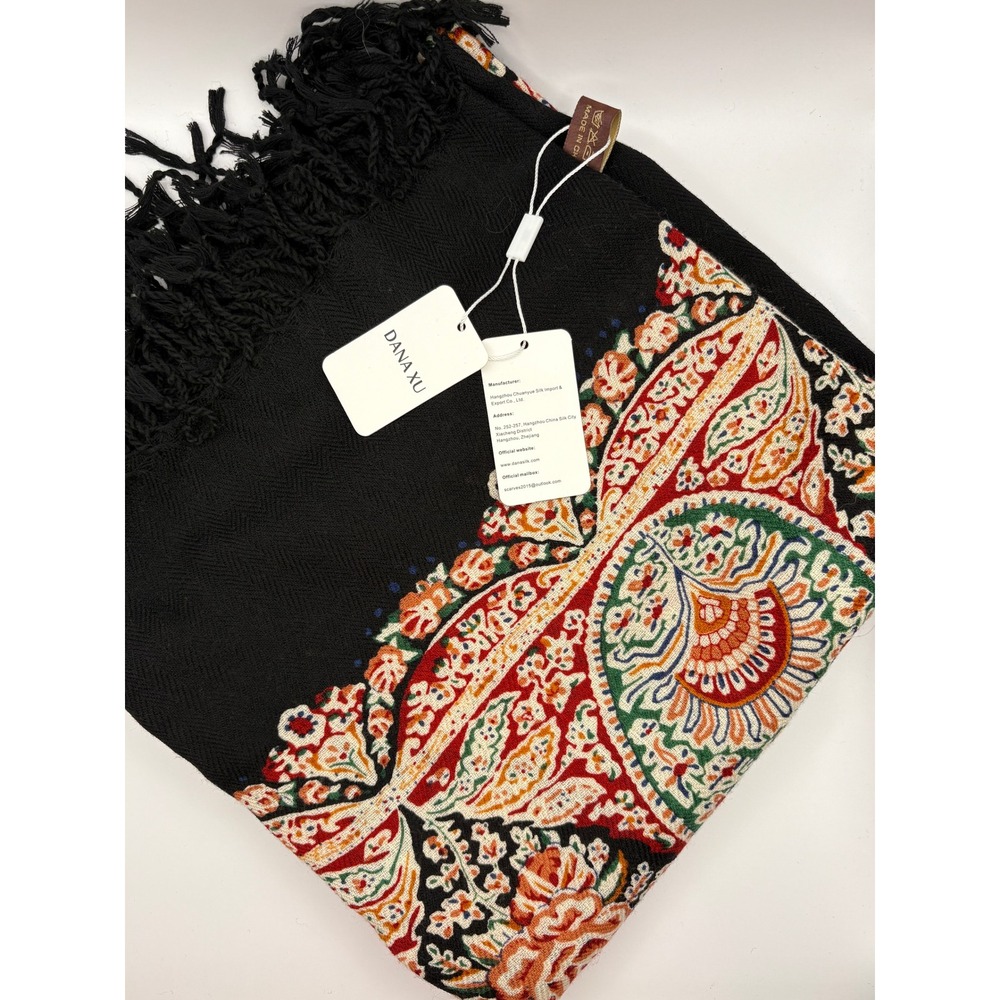 Dana Xu 100% Wool Pashmina Shawl Black Multi Paisley Floral Wrap NWT
